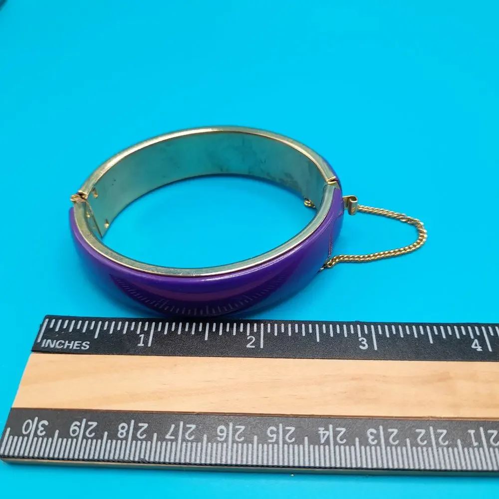 Vintage Purple Hinged Bracelet, Gold Tone, Safety Chain